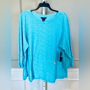 Ali Miles NWT 2X Turquoise Top Blouse Wave Textured Pocket Split Hem Ruched